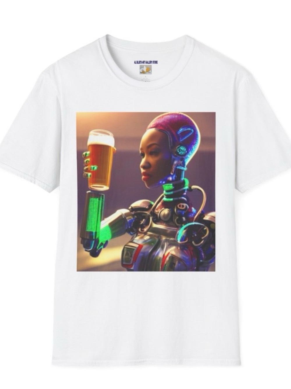 Designed by the artist Al Blue,Graphic Tee with Futuristic Robot Woman and Beer